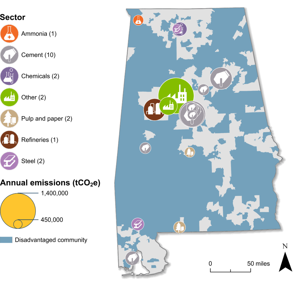 Map of Alabama with shaded areas showing disadvantaged communities. Industrial facilities are shown and sized by their emissions. There is a cluster of facilities in the central/west central area of the state.