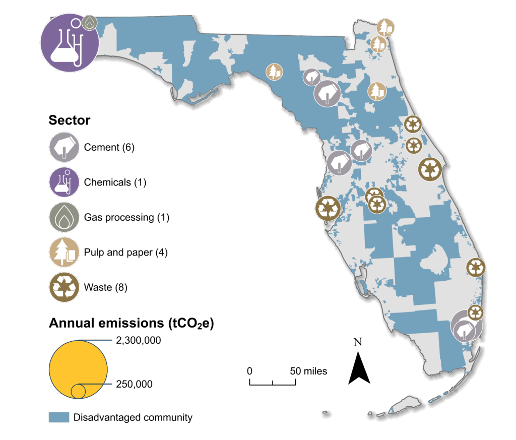 Map of Florida with shaded areas showing disadvantaged communities. Industrial facilities are shown and sized by their emissions. Facilities are dispersed throughout the state, with a large chemical facility in the northwest corner.