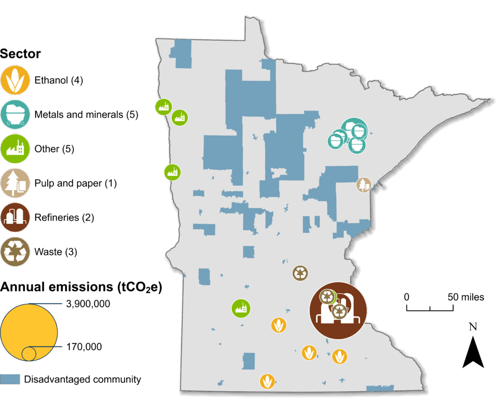 Map of Minnesota with shaded areas showing disadvantaged communities. Industrial facilities are shown and sized by their emissions. There are several ethanol facilities in the south, and a large refinery located near St. Paul.