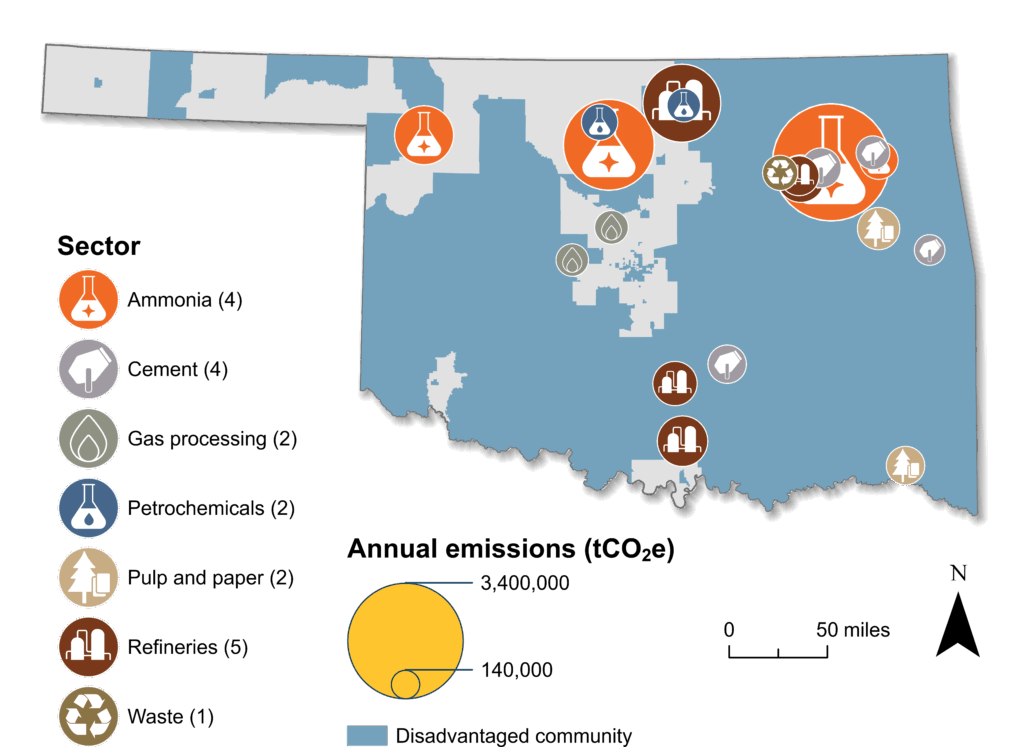 Map of Oklahoma with shaded blue areas showing disadvantaged communities. Industrial facilities are shown and sized by their emissions. Along the north side of the state there are a variety of facilities. 