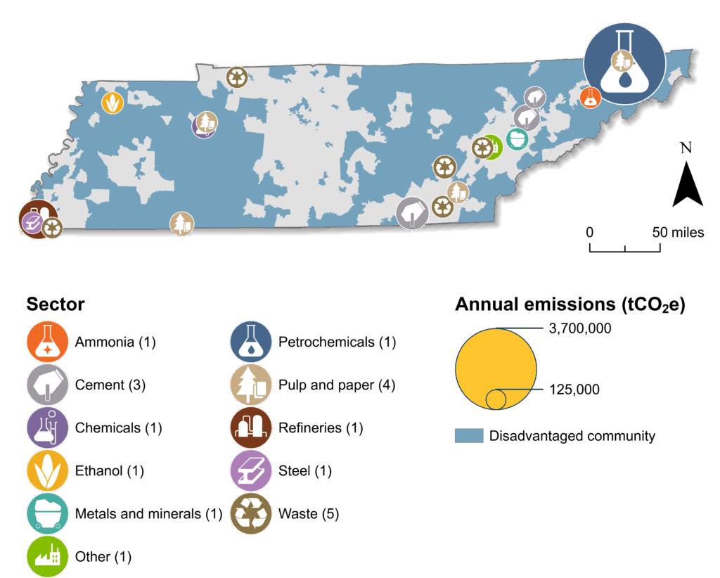 Map of Tennessee with shaded blue areas showing disadvantaged communities. Industrial facilities are shown and sized by their emissions. There is a cluster of facilities along the west edge of the state as well as a cluster near Memphis.