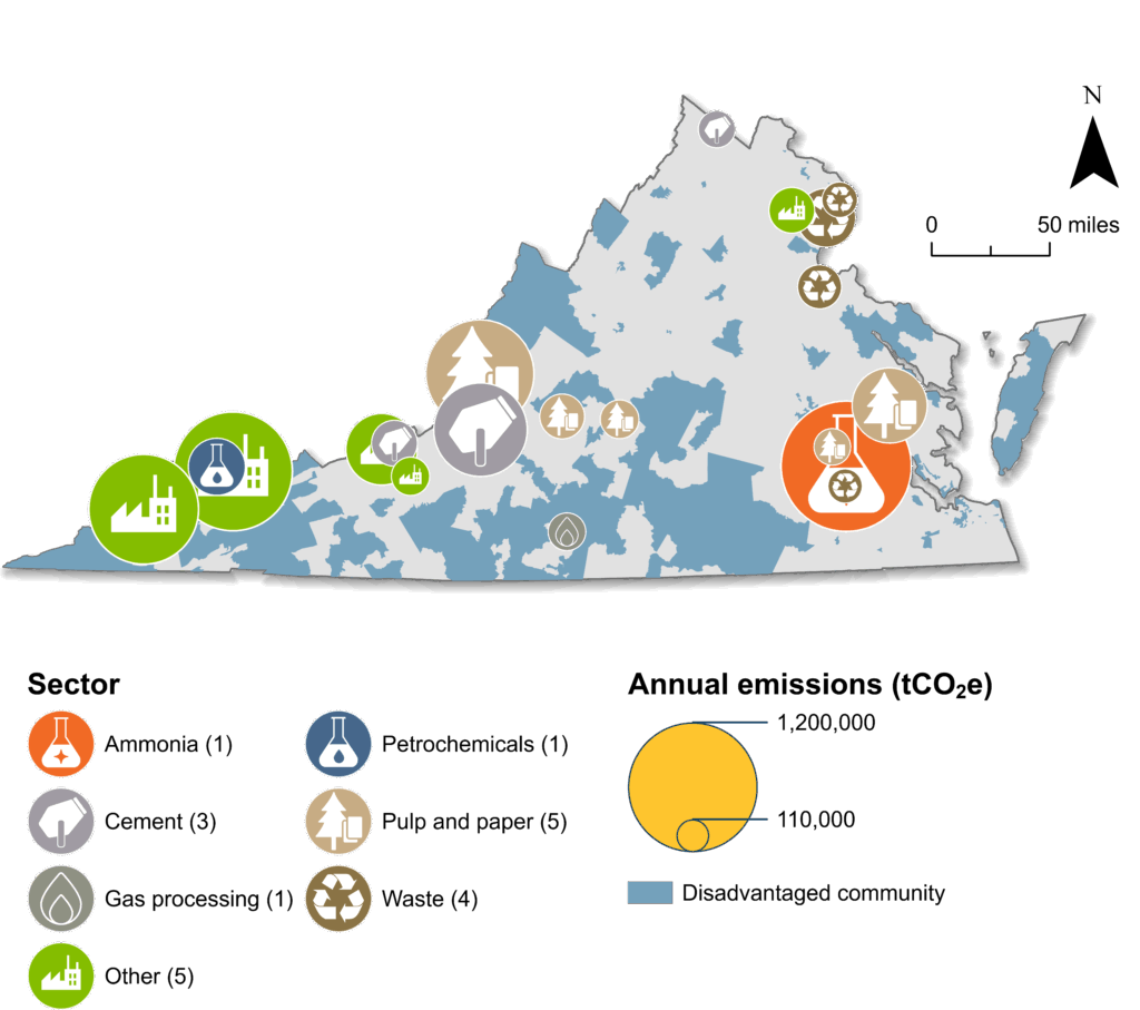 Map of Virginia with shaded blue areas showing disadvantaged communities. Industrial facilities are shown and sized by their emissions. There is a cluster of facilities on the eastern side of the state.