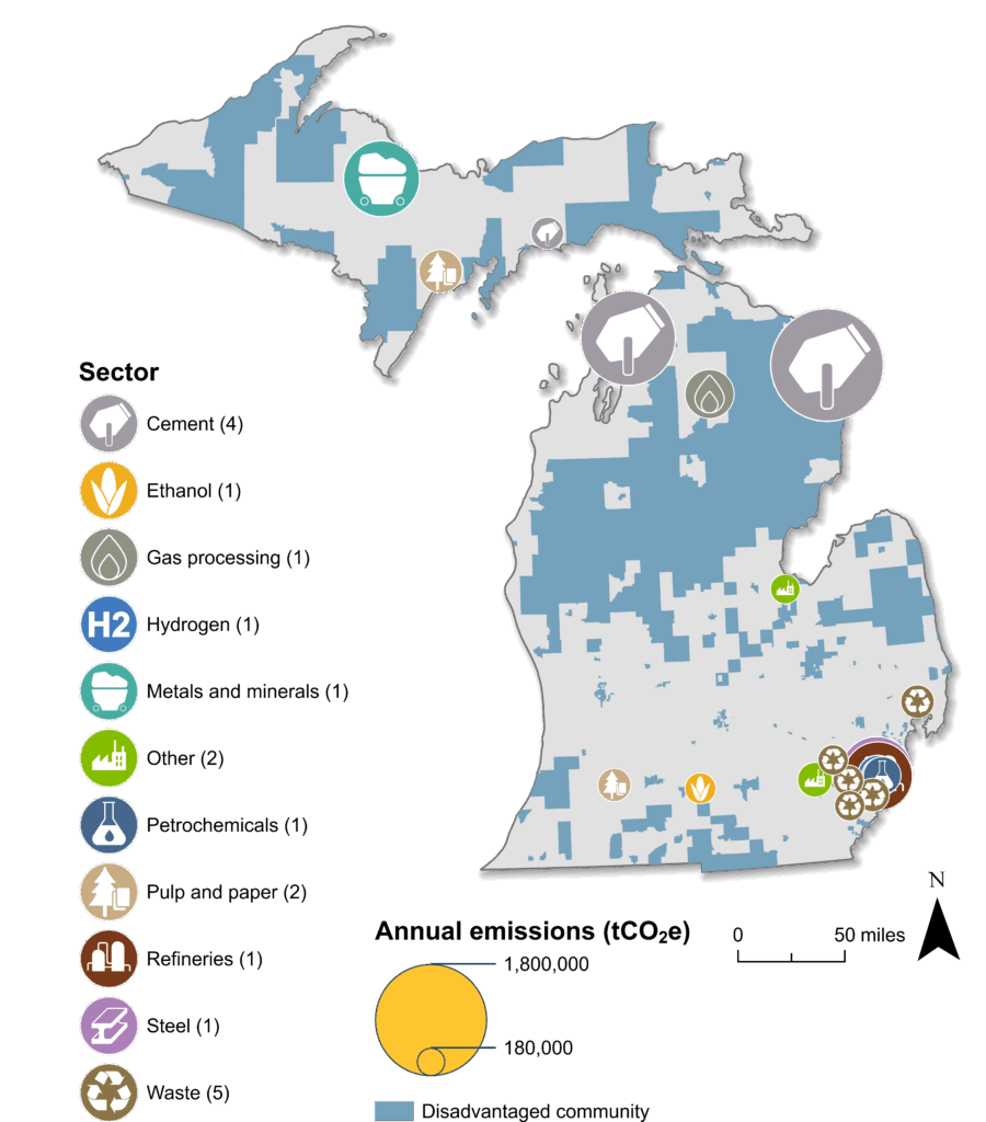 Map of Michigan with shaded areas showing disadvantaged communities. Industrial facilities are shown and sized by their emissions. There is a cluster of facilities around Detroit.