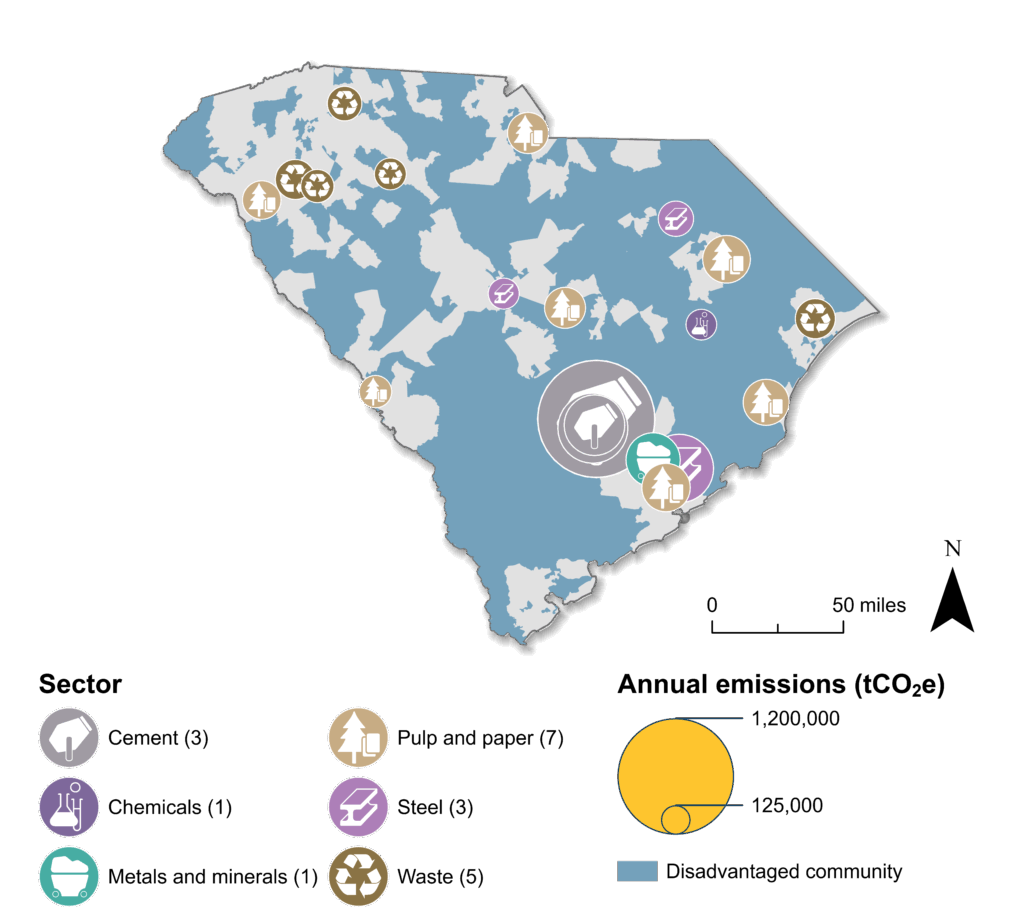 Map of South Carolina with shaded areas showing disadvantaged communities. Industrial facilities are shown and sized by their emissions.