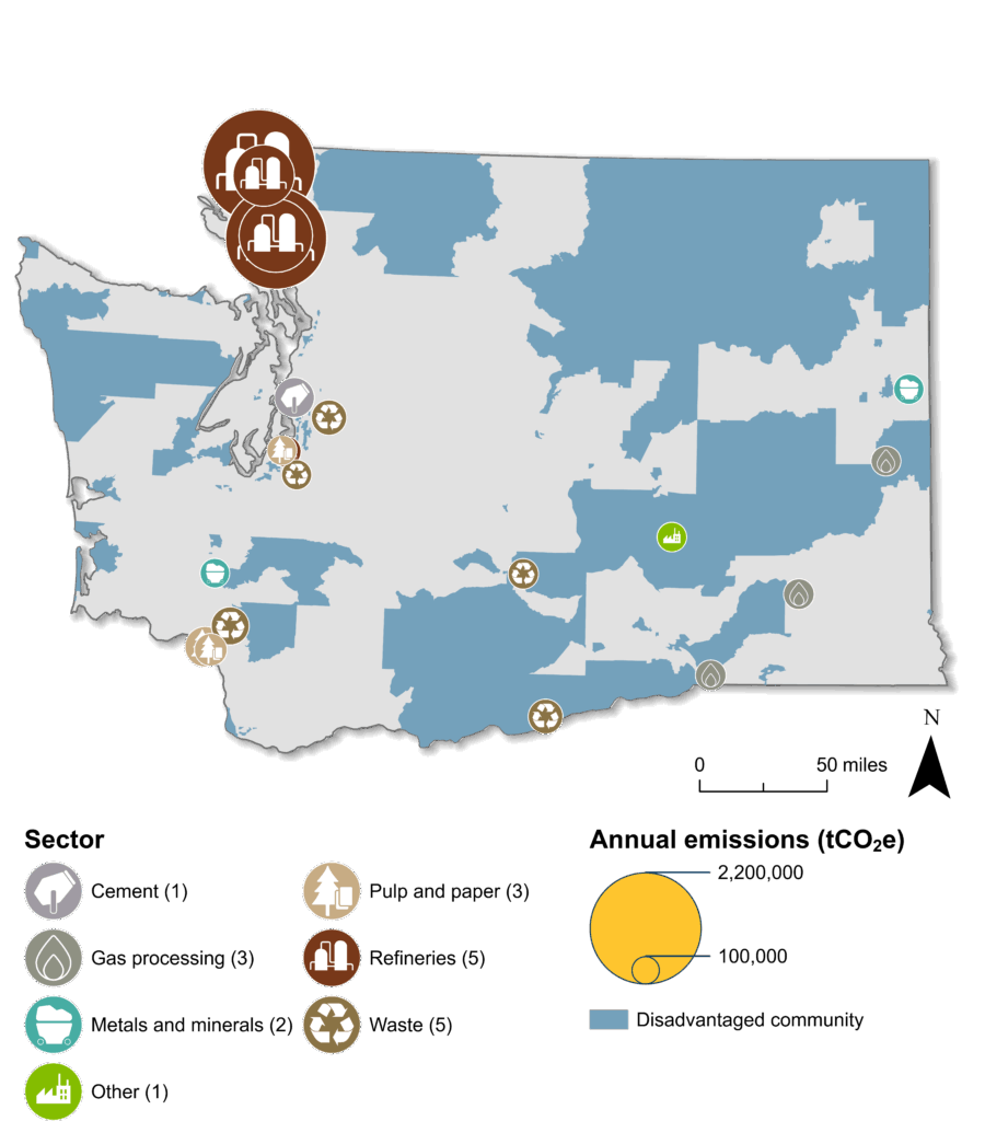 Map of Washington with shaded blue areas showing disadvantaged communities. Industrial facilities are shown and sized by their emissions. There are several large emitting refinery facilities along the coast north of Seattle.